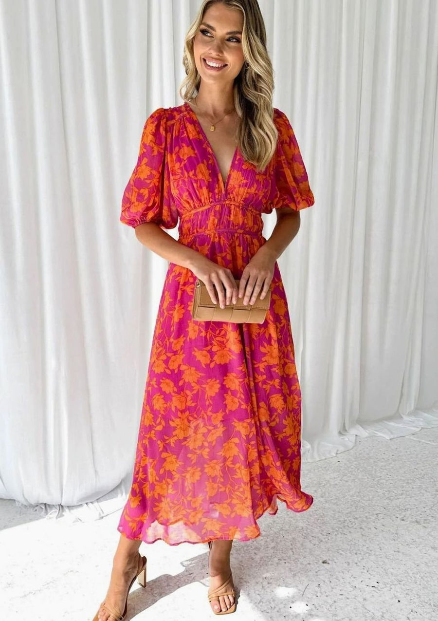 Josephine | Short-Sleeve Pink Floral Maxi Dress for Spring