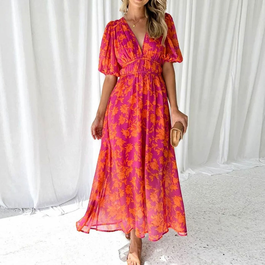 Josephine | Short-Sleeve Pink Floral Maxi Dress for Spring