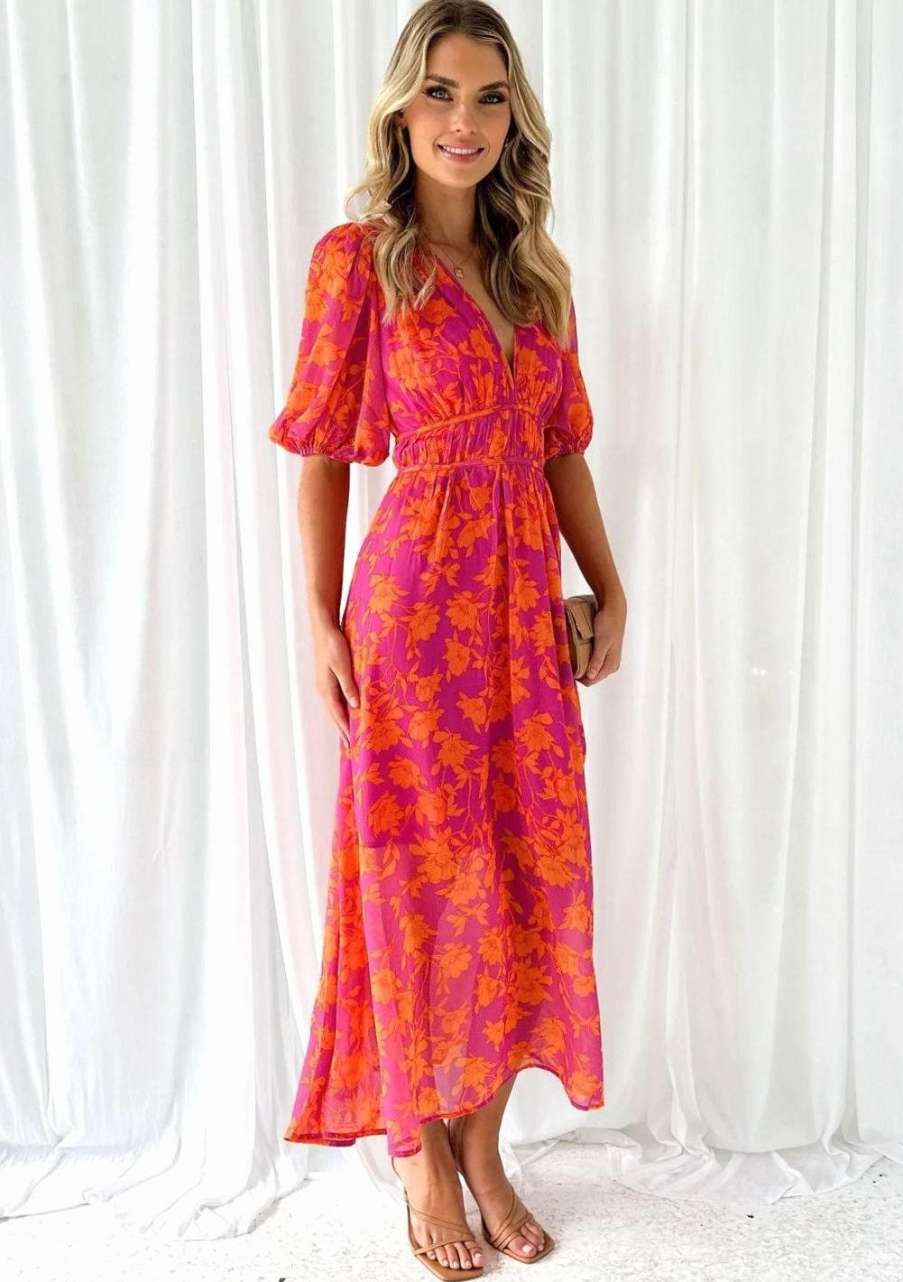 Josephine | Short-Sleeve Pink Floral Maxi Dress for Spring