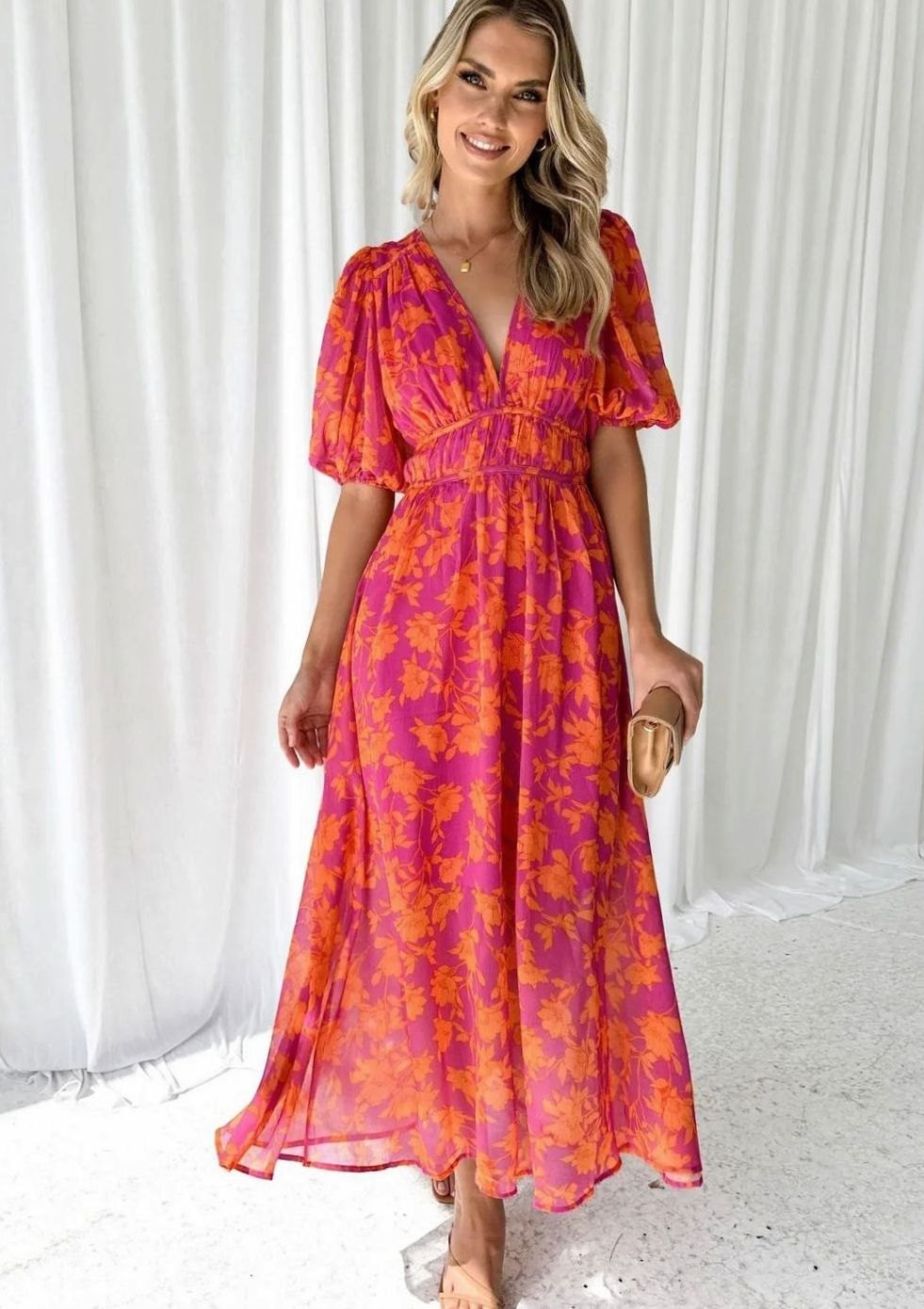 Josephine | Short-Sleeve Pink Floral Maxi Dress for Spring