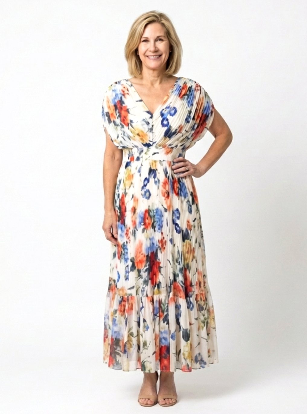 Clara | Pleated Short-Sleeve Floral Midi Dress for Spring