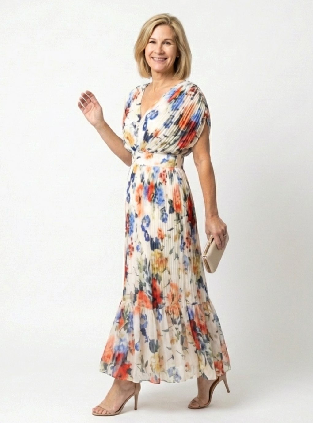 Clara | Pleated Short-Sleeve Floral Midi Dress for Spring