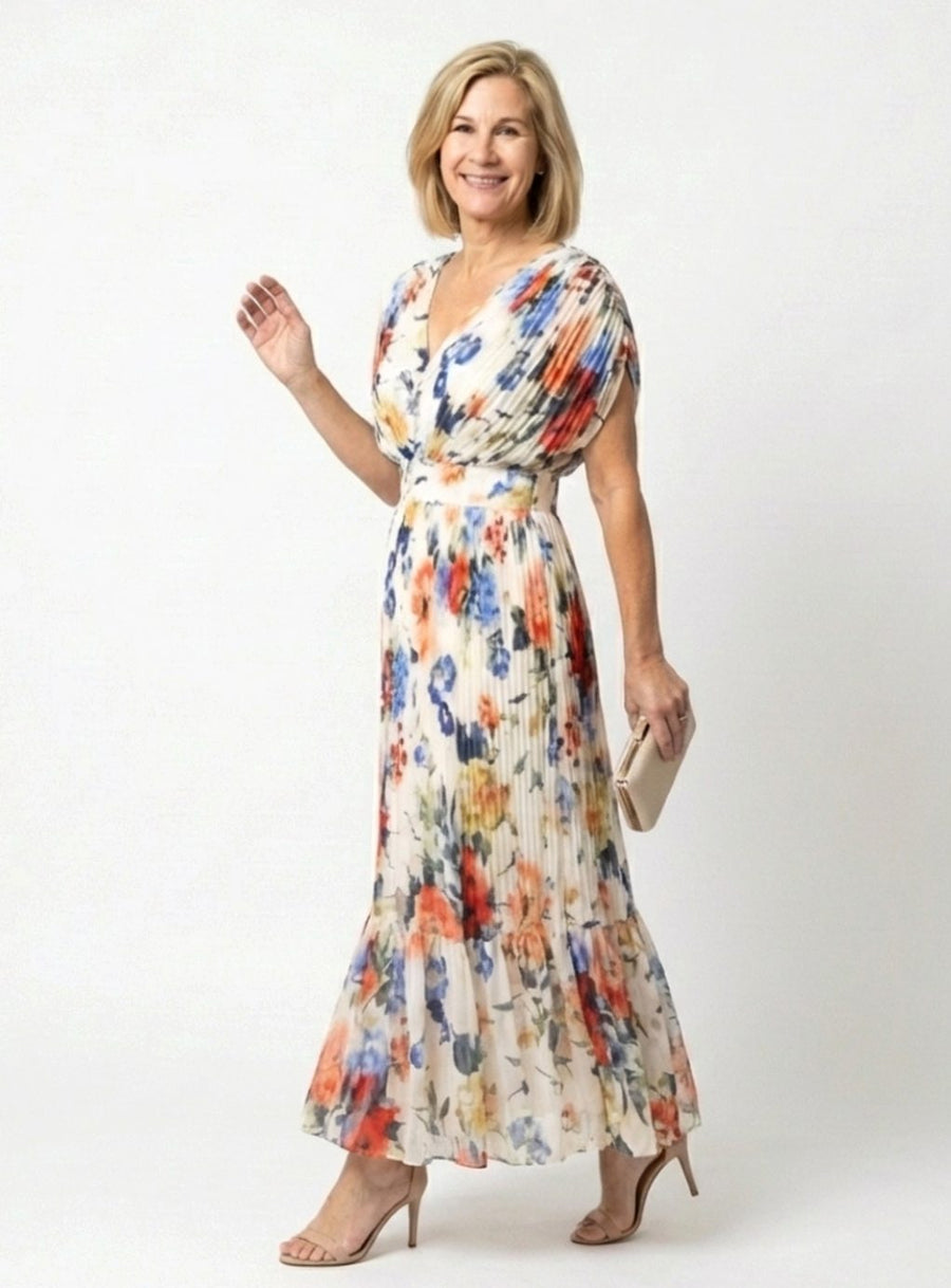 Clara | Pleated Short-Sleeve Floral Midi Dress for Spring