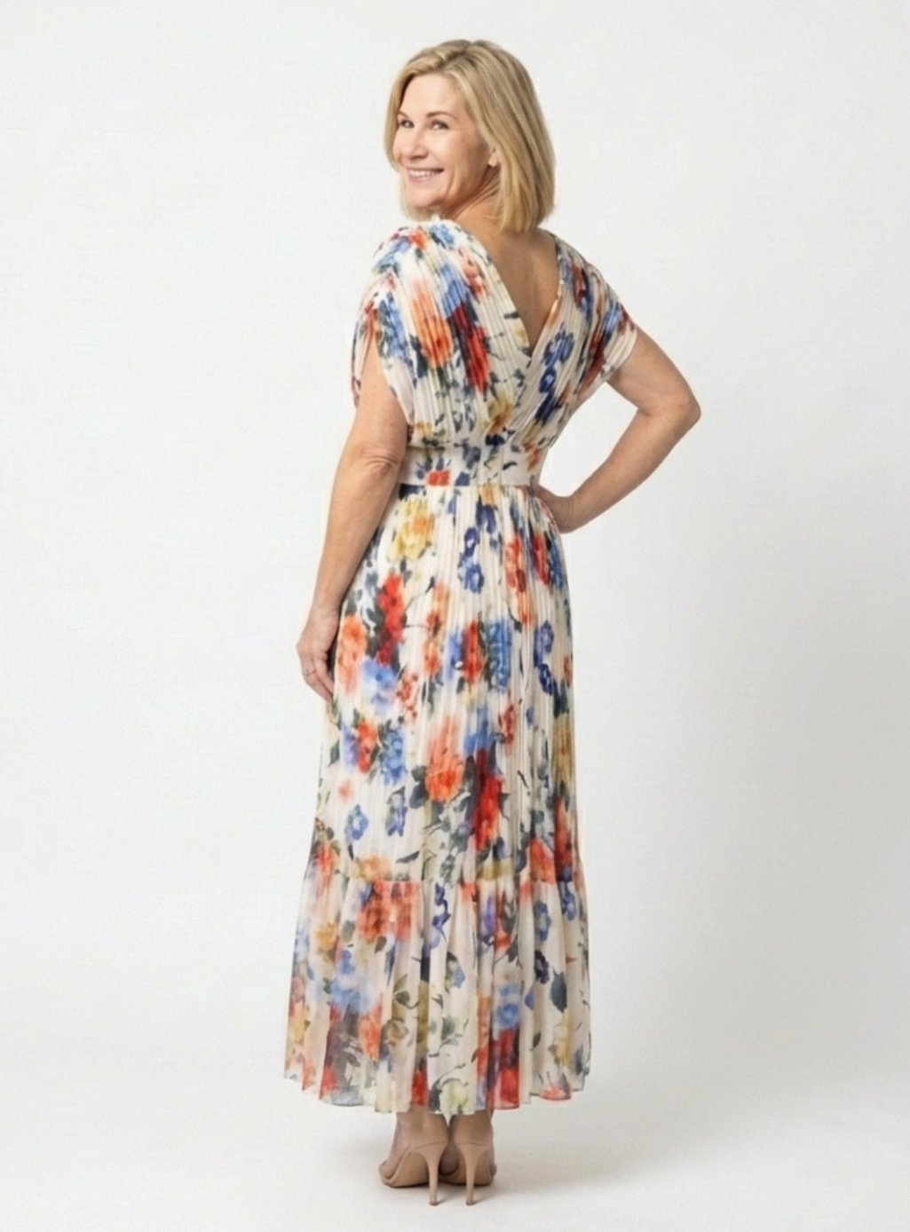 Clara | Pleated Short-Sleeve Floral Midi Dress for Spring