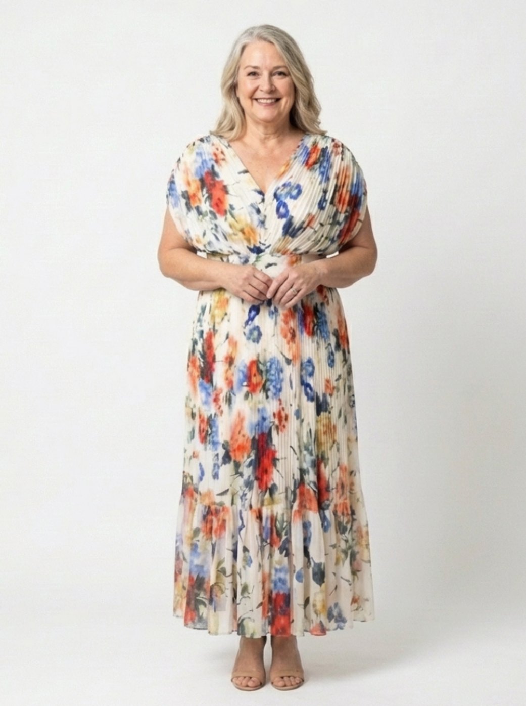 Clara | Pleated Short-Sleeve Floral Midi Dress for Spring
