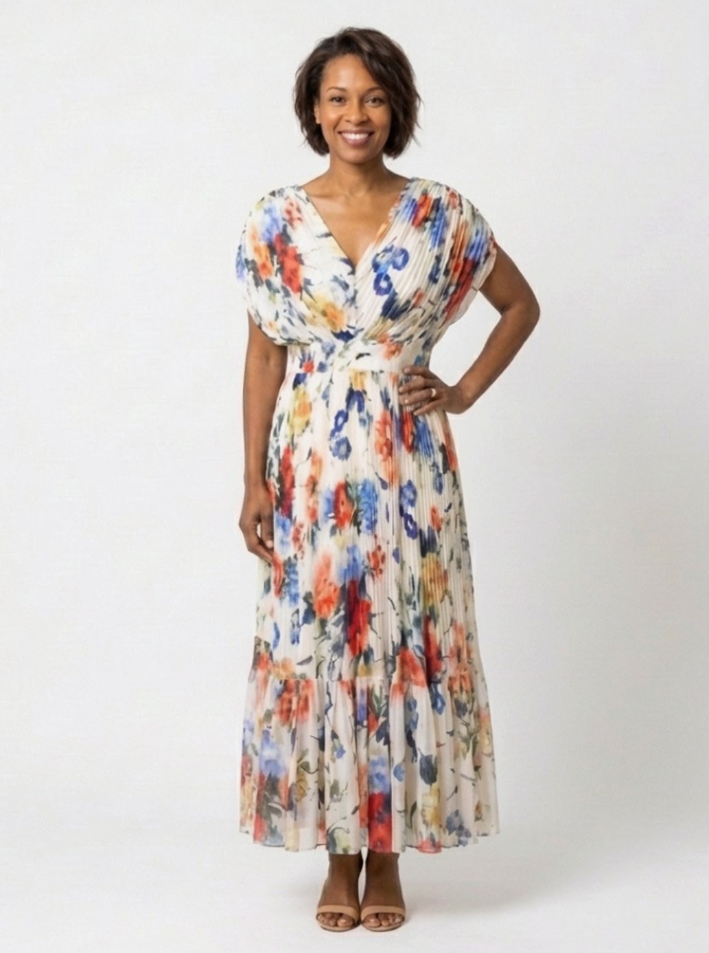 Clara | Pleated Short-Sleeve Floral Midi Dress for Spring