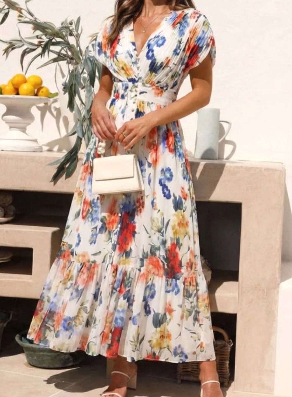 Clara | Pleated Short-Sleeve Floral Midi Dress for Spring