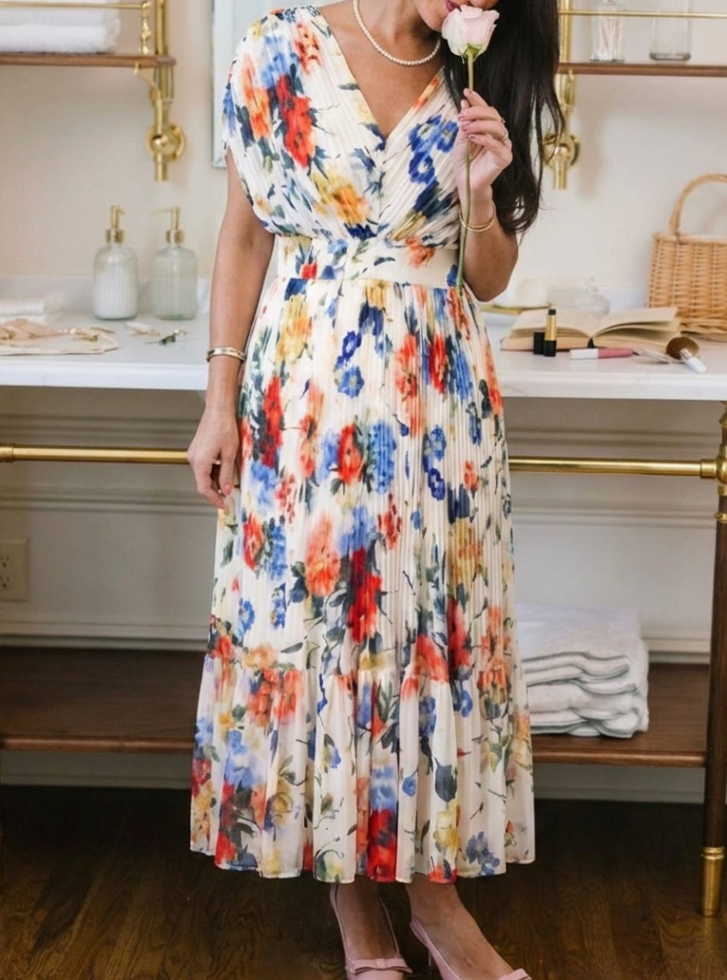 Clara | Pleated Short-Sleeve Floral Midi Dress for Spring