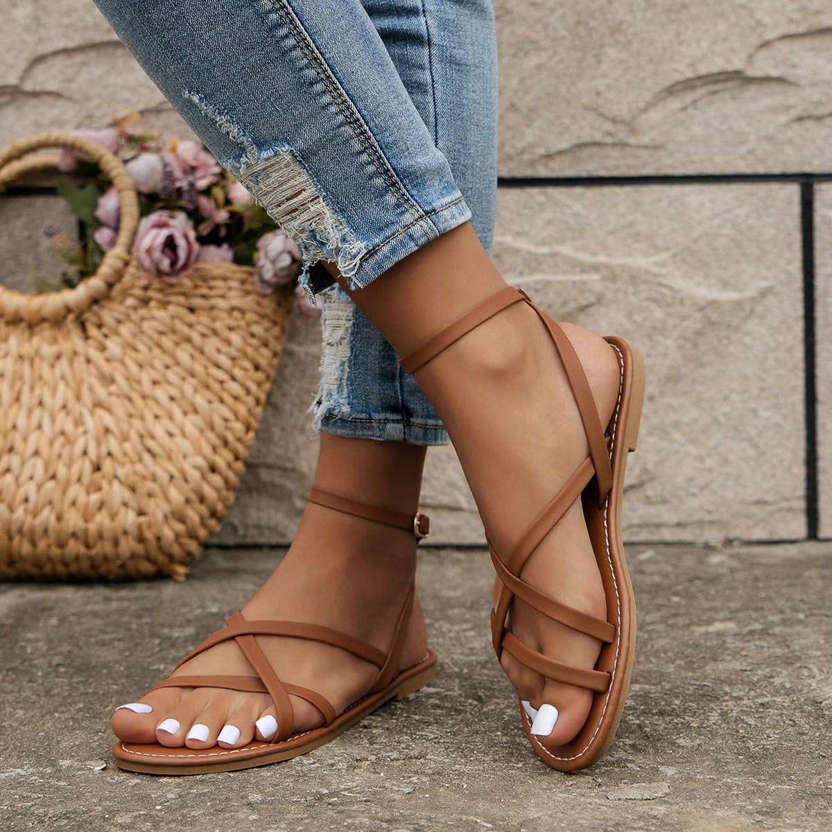 Talia | Cross-Strap Ankle-Buckle Flat Women Summer Sandals