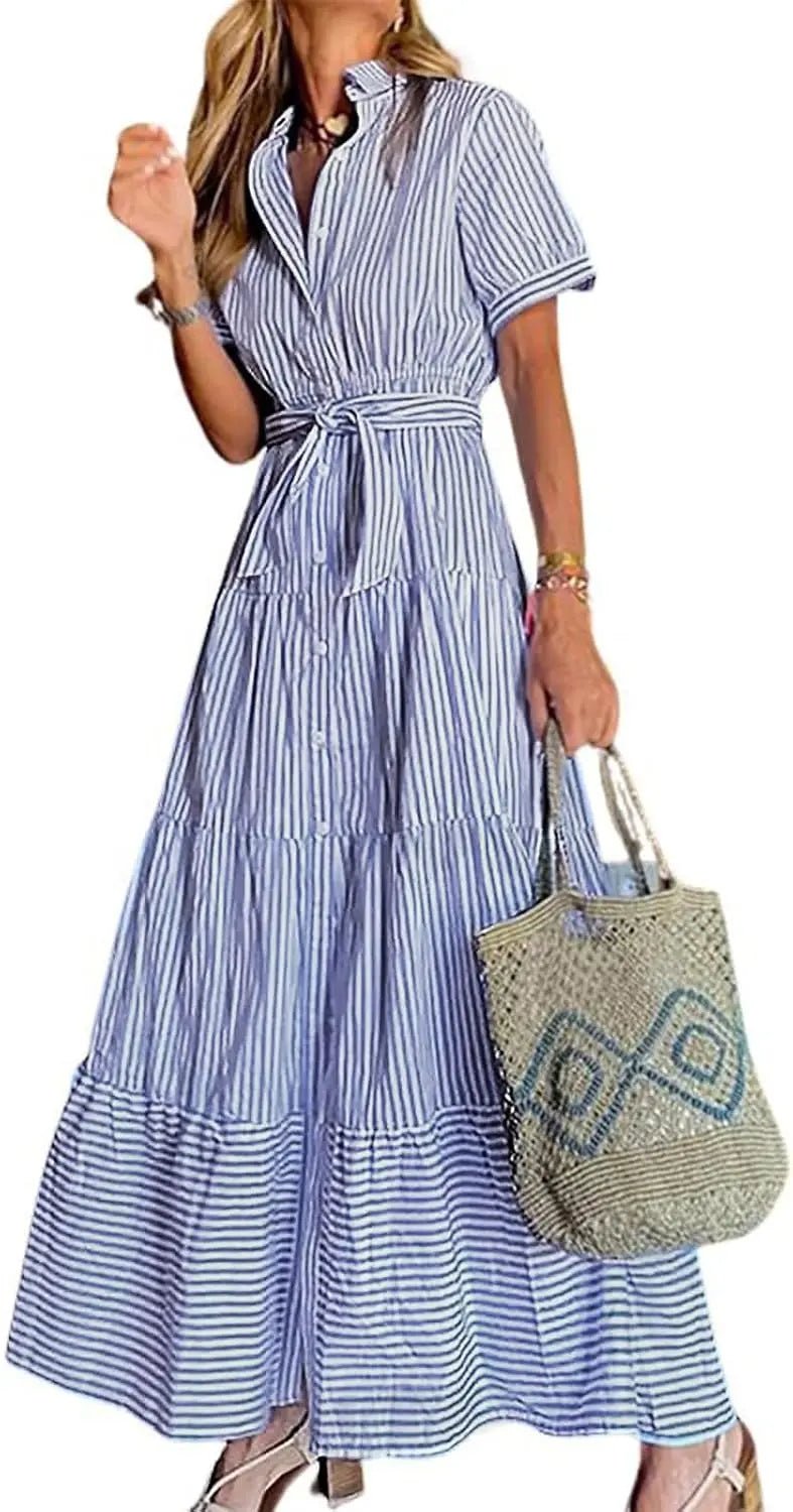 Eleanor | Striped Tiered-Ruffle Maxi Shirt Dress for Summer