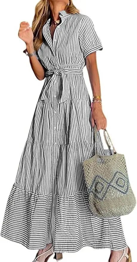 Eleanor | Striped Tiered-Ruffle Maxi Shirt Dress for Summer