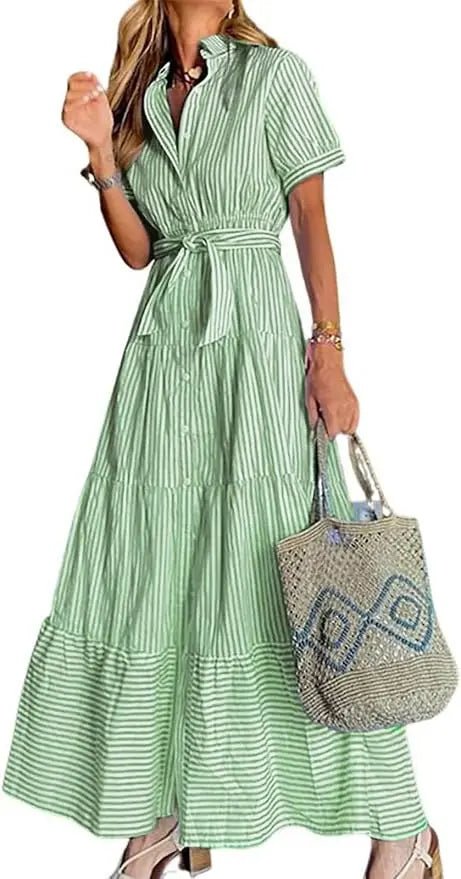 Eleanor | Striped Tiered-Ruffle Maxi Shirt Dress for Summer