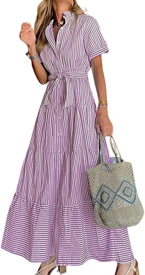 Eleanor | Striped Tiered-Ruffle Maxi Shirt Dress for Summer