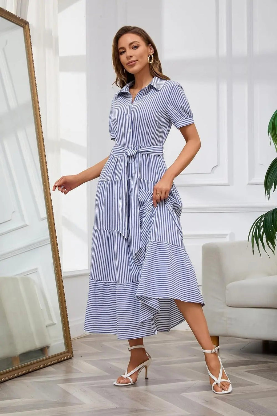 Eleanor | Striped Tiered-Ruffle Maxi Shirt Dress for Summer