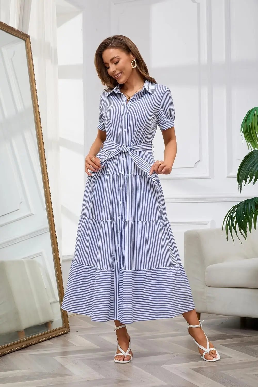 Eleanor | Striped Tiered-Ruffle Maxi Shirt Dress for Summer