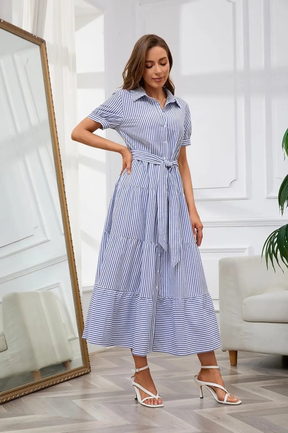 Eleanor | Striped Tiered-Ruffle Maxi Shirt Dress for Summer