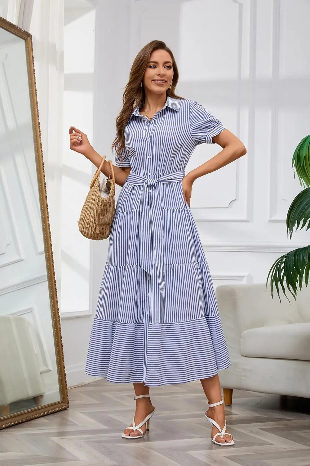 Eleanor | Striped Tiered-Ruffle Maxi Shirt Dress for Summer