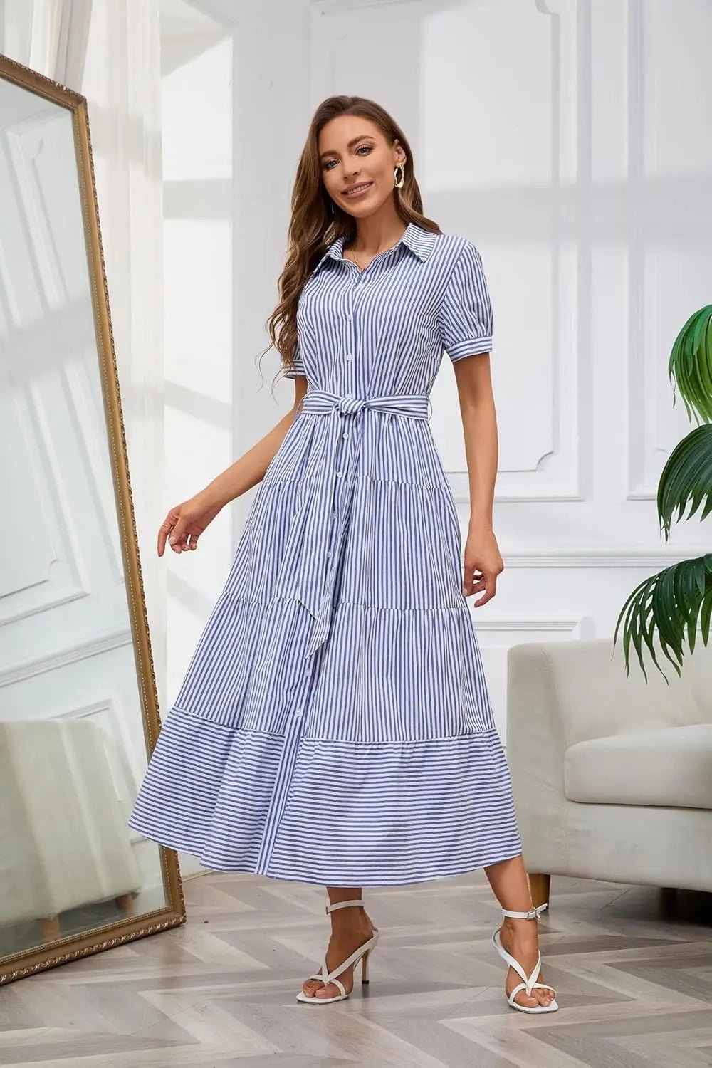 Eleanor | Striped Tiered-Ruffle Maxi Shirt Dress for Summer