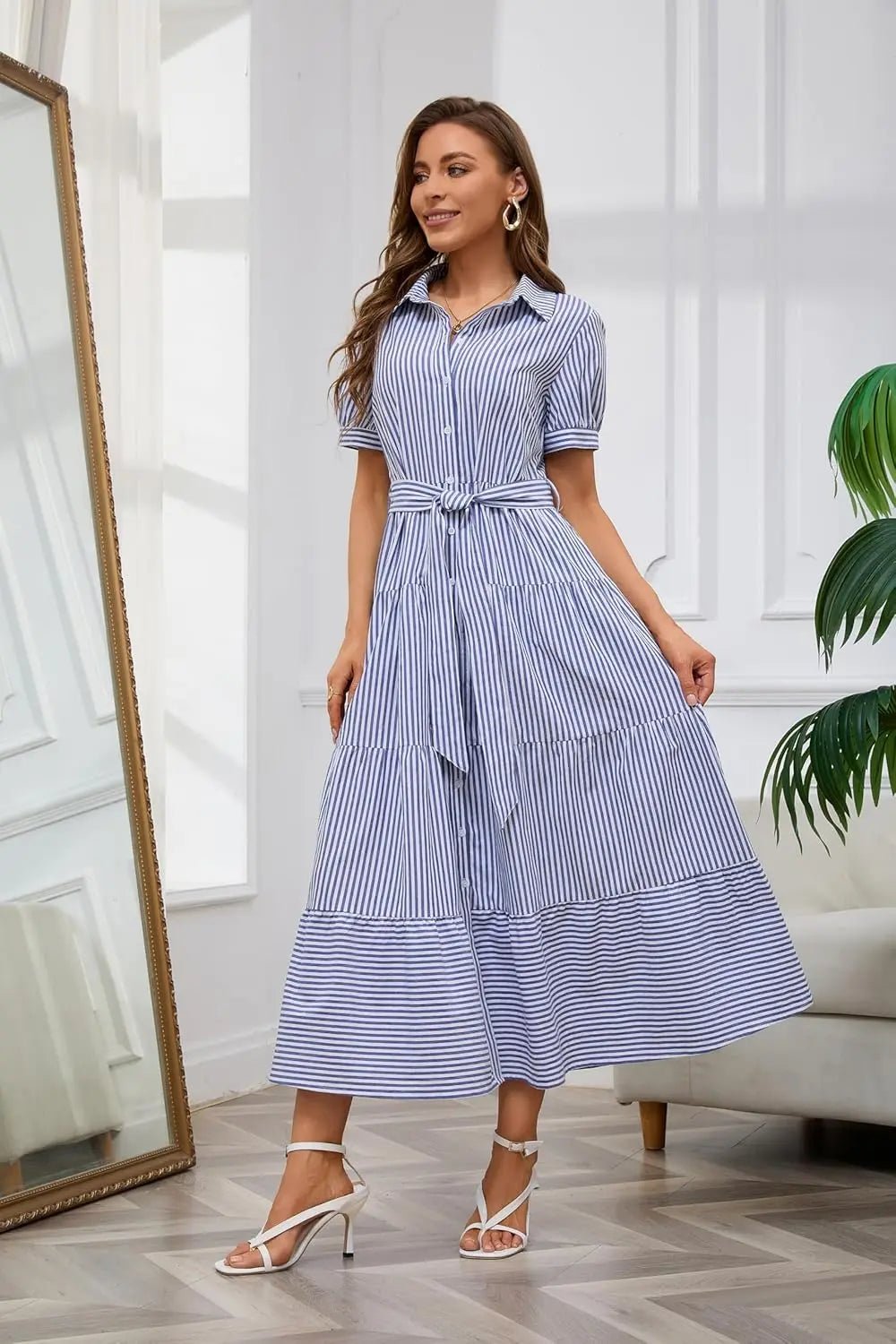 Eleanor | Striped Tiered-Ruffle Maxi Shirt Dress for Summer