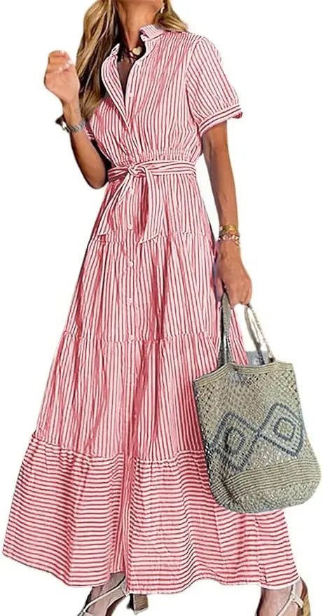 Eleanor | Striped Tiered-Ruffle Maxi Shirt Dress for Summer