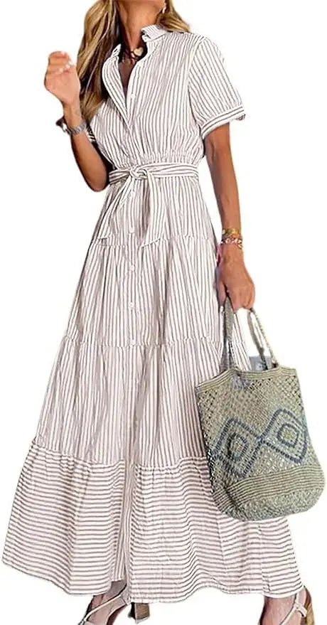 Eleanor | Striped Tiered-Ruffle Maxi Shirt Dress for Summer